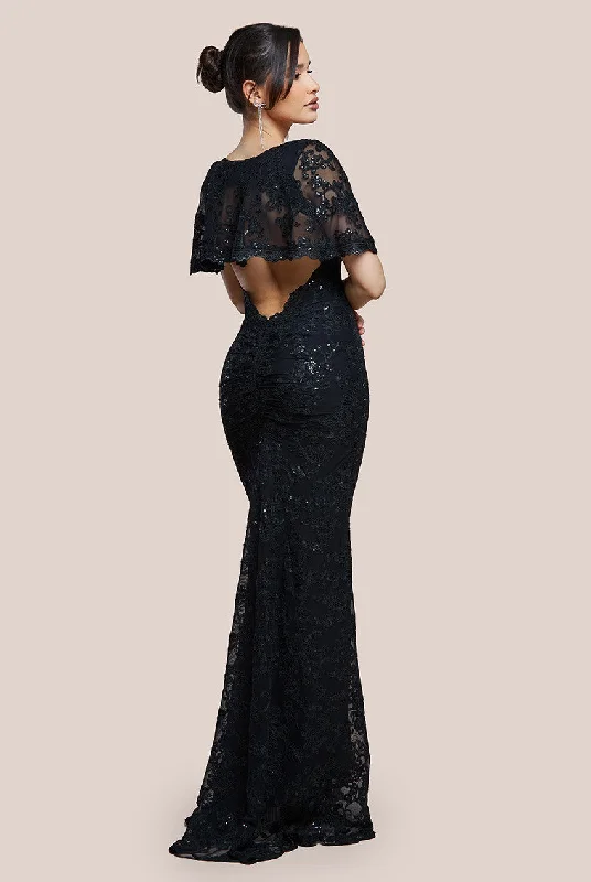 Bridesmaid dress animal print unique style -Goddiva Scalloped Cape Open Back Lace & Sequin Maxi Dress - Black Bridesmaid dress animal print unique style -Goddiva Scalloped Cape Open Back Lace & Sequin Maxi Dress - Black