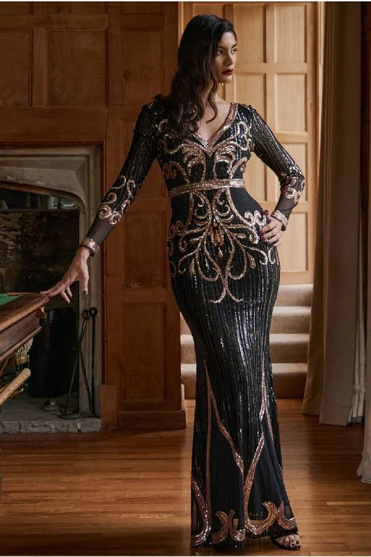 Bridesmaid dress made in USA proudly -Goddiva Sequin & Mesh Embroidered Maxi - Black Bridesmaid dress made in USA proudly -Goddiva Sequin & Mesh Embroidered Maxi - Black