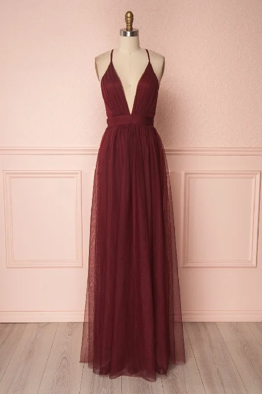 Bridesmaid dress that is comfortable styles -Aliki Wine | Backless Mesh Maxi Dress