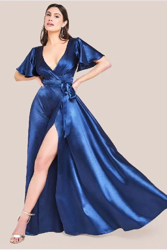 Dress for bridesmaid joyous occasions themes -Goddiva Flutter Sleeve Wrapover Satin Maxi Dress - Navy Dress for bridesmaid joyous occasions themes -Goddiva Flutter Sleeve Wrapover Satin Maxi Dress - Navy