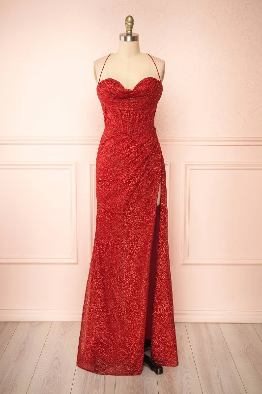Bridesmaid dress: sustainable options buying -Frosti Red | Sparkly Cowl Neck Maxi Dress Bridesmaid dress: sustainable options buying -Frosti Red | Sparkly Cowl Neck Maxi Dress