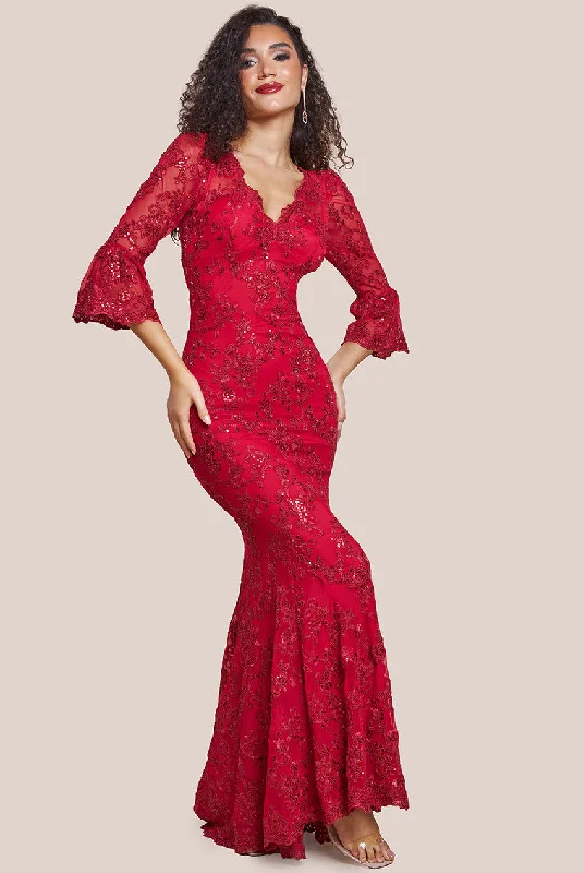 Dress for bridesmaid lively celebration themes -Goddiva Scalloped Lace Maxi Dress - Red Dress for bridesmaid lively celebration themes -Goddiva Scalloped Lace Maxi Dress - Red