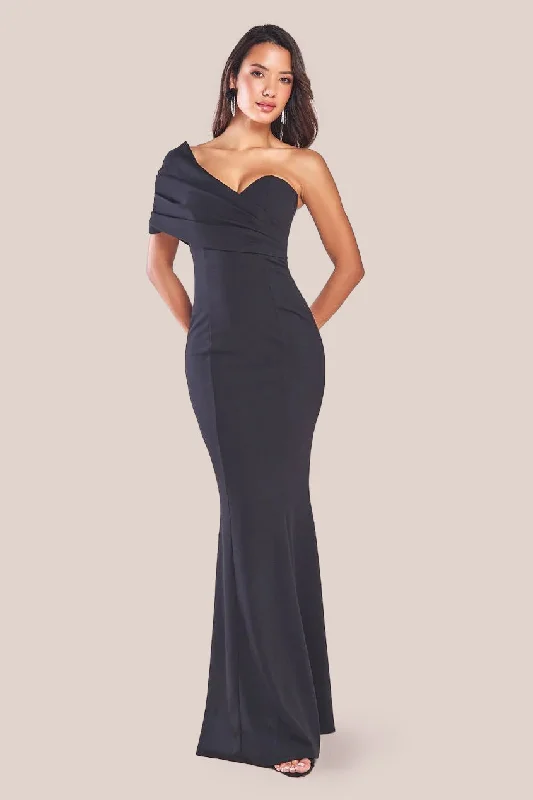 bridesmaid dresses with feather accents-Goddiva One Shoulder Fan Maxi Dress - Black bridesmaid dresses with feather accents-Goddiva One Shoulder Fan Maxi Dress - Black