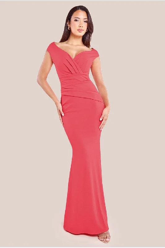 bold black bridesmaid dresses for statement style-Bardot Pleated Maxi Dress - Coral by Goddiva bold black bridesmaid dresses for statement style-Bardot Pleated Maxi Dress - Coral by Goddiva