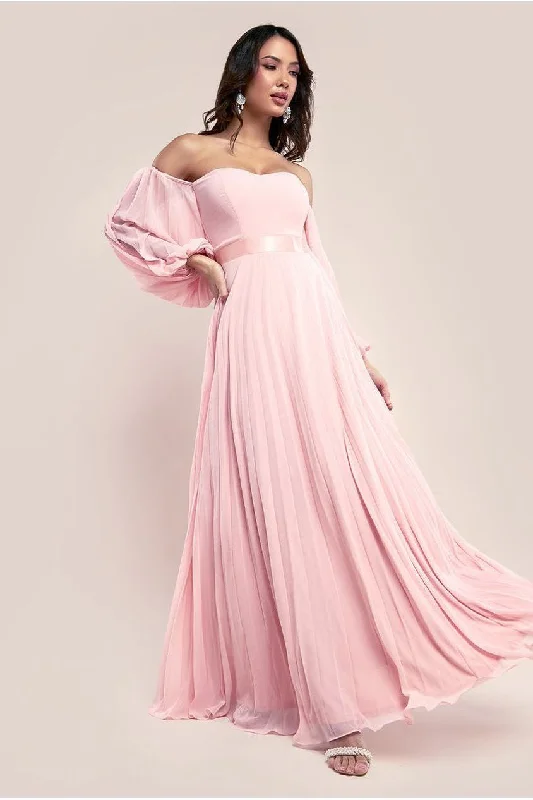 Bridesmaid dress supports cause choice -Bardot Chiffon Pleated Maxi - Blush by Goddiva Bridesmaid dress supports cause choice -Bardot Chiffon Pleated Maxi - Blush by Goddiva