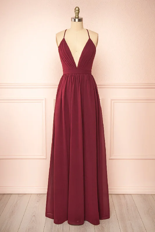 Bridesmaid dress with dark tights pairing -Haley Burgundy | Deep V-Neck Chiffon Maxi Dress Bridesmaid dress with dark tights pairing -Haley Burgundy | Deep V-Neck Chiffon Maxi Dress
