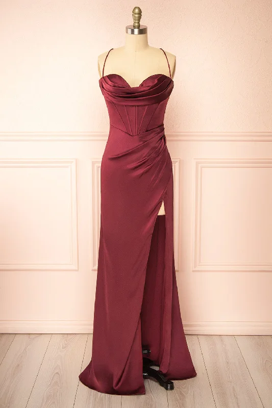 Bridesmaid dress with elegant stripes pattern -Kesha Burgundy | Corset Cowl Neck Maxi Dress Bridesmaid dress with elegant stripes pattern -Kesha Burgundy | Corset Cowl Neck Maxi Dress