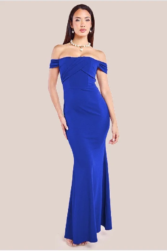 Bridesmaid dress easy to pack luggage -Pleated Bardot Scuba Maxi Dress - Royal Blue by Goddiva Bridesmaid dress easy to pack luggage -Pleated Bardot Scuba Maxi Dress - Royal Blue by Goddiva