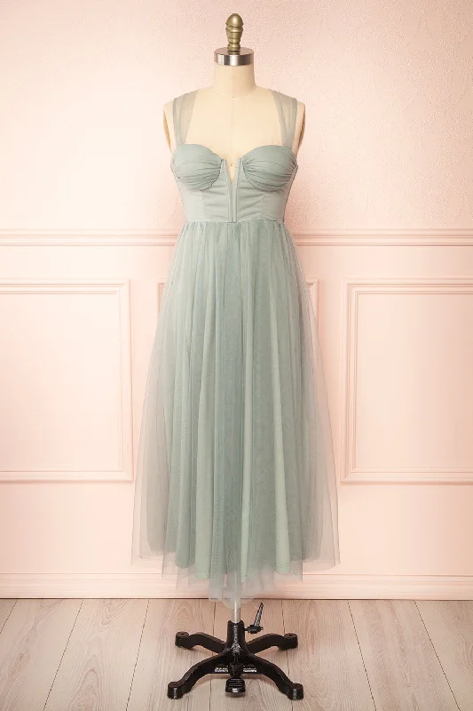 Bridesmaid dress wrinkle-resistant fabric -Lizzie Sage | Midi Tulle Dress w/ Corset