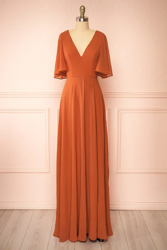 Bridesmaid dress that is picture-perfect looks -Adelphia Rust | V-neck Chiffon Maxi Dress Bridesmaid dress that is picture-perfect looks -Adelphia Rust | V-neck Chiffon Maxi Dress