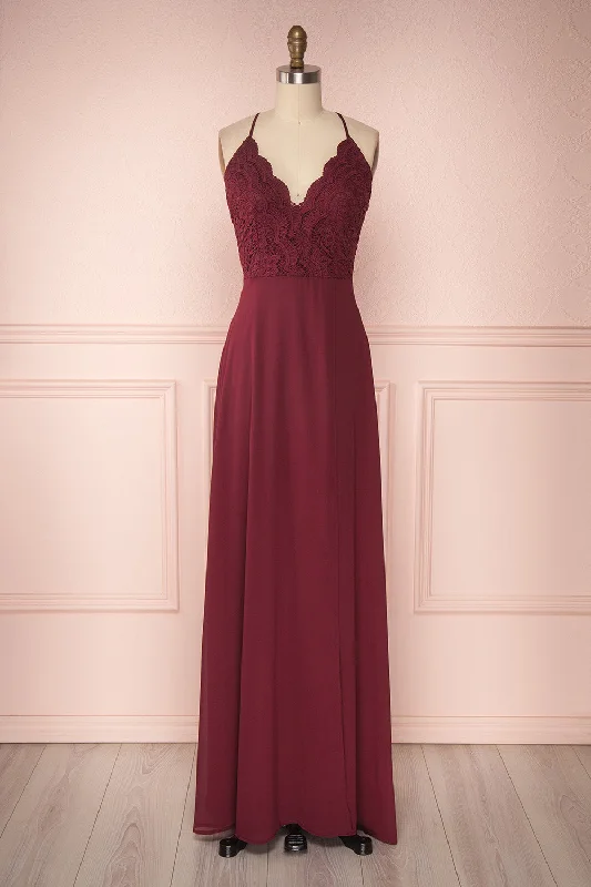 Bridesmaid dress with lace accents features -Fabia Burgundy | Lace & Chiffon Maxi Dress Bridesmaid dress with lace accents features -Fabia Burgundy | Lace & Chiffon Maxi Dress