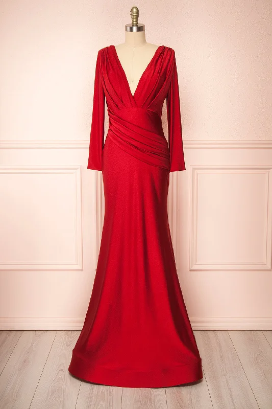 Bridesmaid dress wrinkle-resistant fabric -Lenai Burgundy | Draped Mermaid Gown w/ Long Sleeves Bridesmaid dress wrinkle-resistant fabric -Lenai Burgundy | Draped Mermaid Gown w/ Long Sleeves