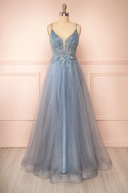 Bridesmaid dress easy to pack luggage -Aethera Blue Grey | Sparkling Beaded A-Line Maxi Dress Bridesmaid dress easy to pack luggage -Aethera Blue Grey | Sparkling Beaded A-Line Maxi Dress