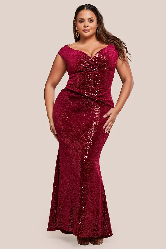 sexy open-back bridesmaid dresses-Sequin & Velvet Bardot Maxi Dress - Wine by Goddiva Plus sexy open-back bridesmaid dresses-Sequin & Velvet Bardot Maxi Dress - Wine by Goddiva Plus