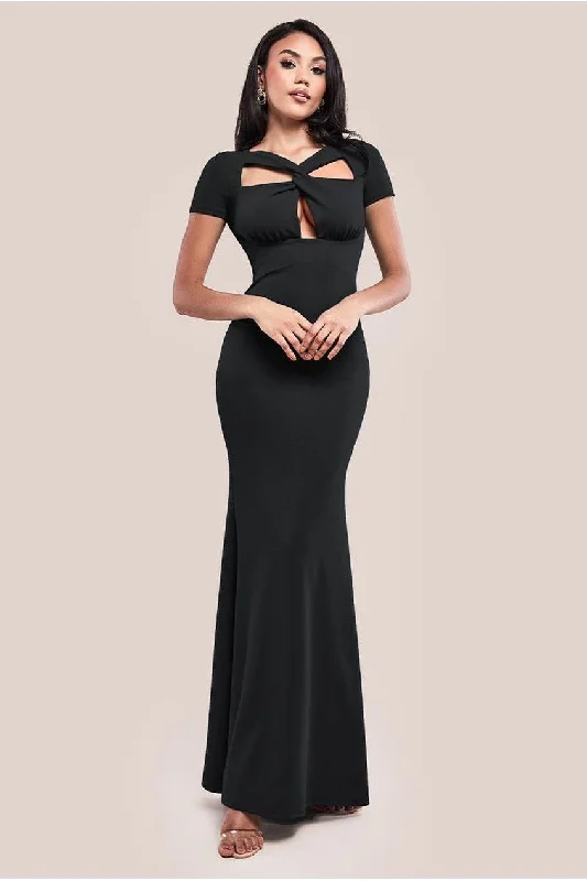 Bridesmaid dress indoor wedding style guide -Scuba Crepe Twist Cutout Maxi Dress - Black by Goddiva Bridesmaid dress indoor wedding style guide -Scuba Crepe Twist Cutout Maxi Dress - Black by Goddiva