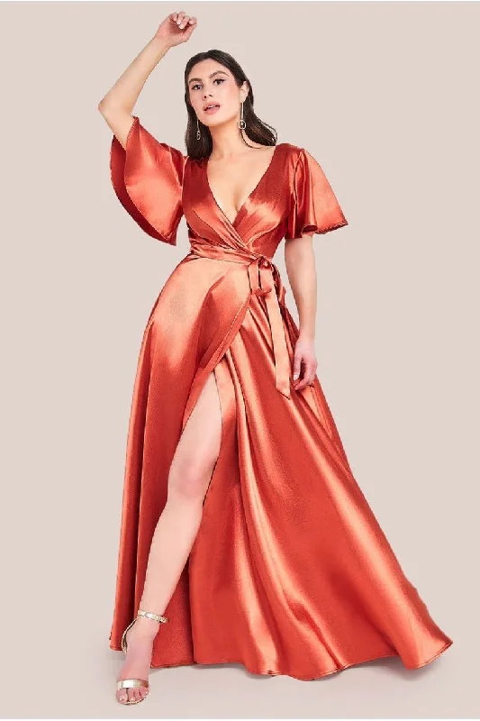elegant bridesmaid dresses for formal nights-Flutter Sleeve Wrapover Satin Maxi Dress - Orange by Goddiva elegant bridesmaid dresses for formal nights-Flutter Sleeve Wrapover Satin Maxi Dress - Orange by Goddiva
