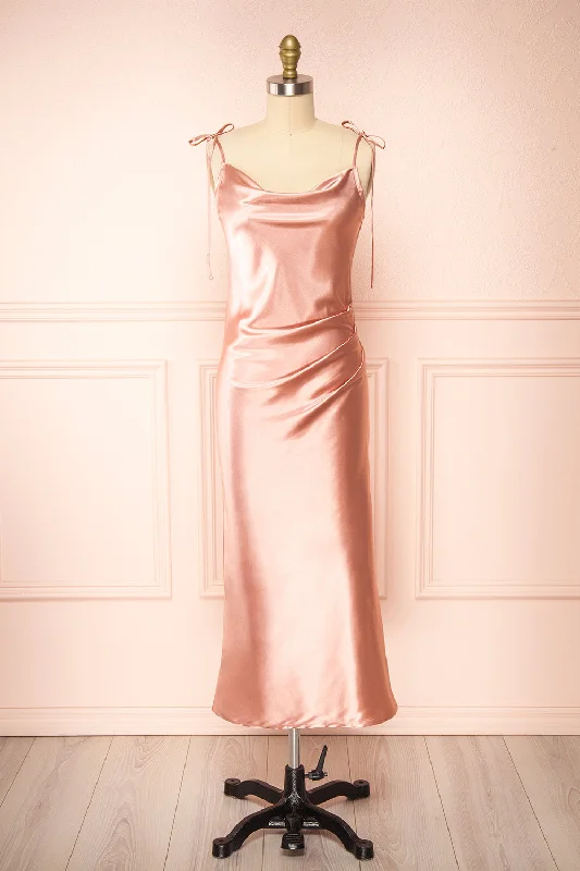 vintage bridesmaid dresses for classic look-​Elyse Pink | Cowl Neck Midi Dress