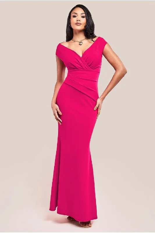 Bridesmaid dress that's comfortable wears -Goddiva Bardot Pleated Maxi Dress - Hot Pink Bridesmaid dress that's comfortable wears -Goddiva Bardot Pleated Maxi Dress - Hot Pink