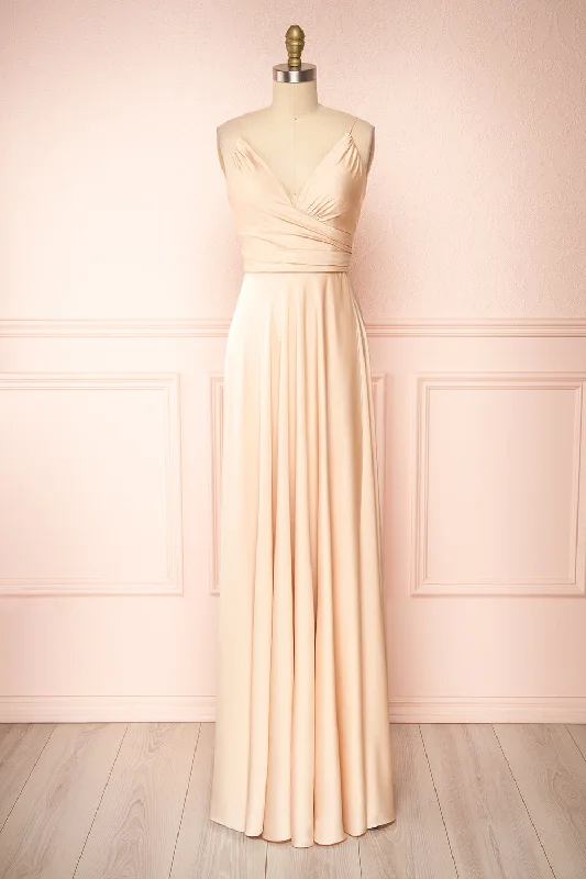 Dress for bridesmaid special occasions looks -Lizza Beige | Satin Maxi Dress w/ Slit Dress for bridesmaid special occasions looks -Lizza Beige | Satin Maxi Dress w/ Slit