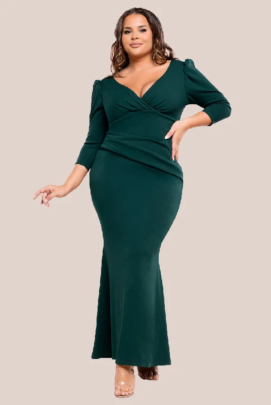 ball gown bridesmaid dresses for dramatic effect-Three-Quarter Faux Wrap Neck Maxi Dress - Emerald Green by Goddiva Plus ball gown bridesmaid dresses for dramatic effect-Three-Quarter Faux Wrap Neck Maxi Dress - Emerald Green by Goddiva Plus