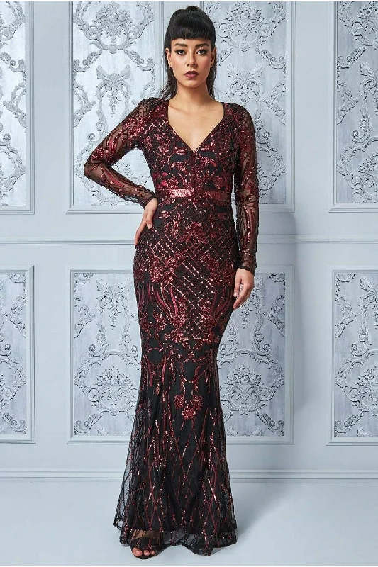 flowing bridesmaid dresses with chiffon fabric-Goddiva Full Sleeve Sequin Evening Dress - Wine flowing bridesmaid dresses with chiffon fabric-Goddiva Full Sleeve Sequin Evening Dress - Wine