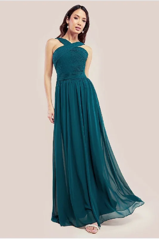 Bridesmaid dress with lace accents features -Goddiva Halter Neck Chiffon Maxi Dress - Emerald Green Bridesmaid dress with lace accents features -Goddiva Halter Neck Chiffon Maxi Dress - Emerald Green