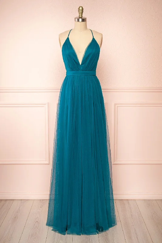Bridesmaid dress casual gathering outfits -Ilaria Teal | Tulle Gown with Plunging Neckline Bridesmaid dress casual gathering outfits -Ilaria Teal | Tulle Gown with Plunging Neckline