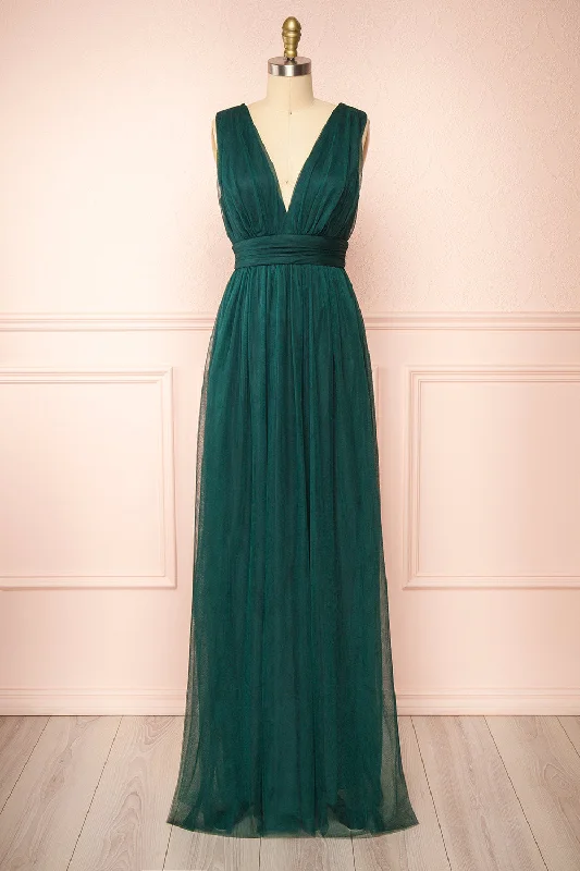Dress for bridesmaid celebrity styles seen -Samina Green | Tulle Maxi Dress w/ Plunging Neckline Dress for bridesmaid celebrity styles seen -Samina Green | Tulle Maxi Dress w/ Plunging Neckline
