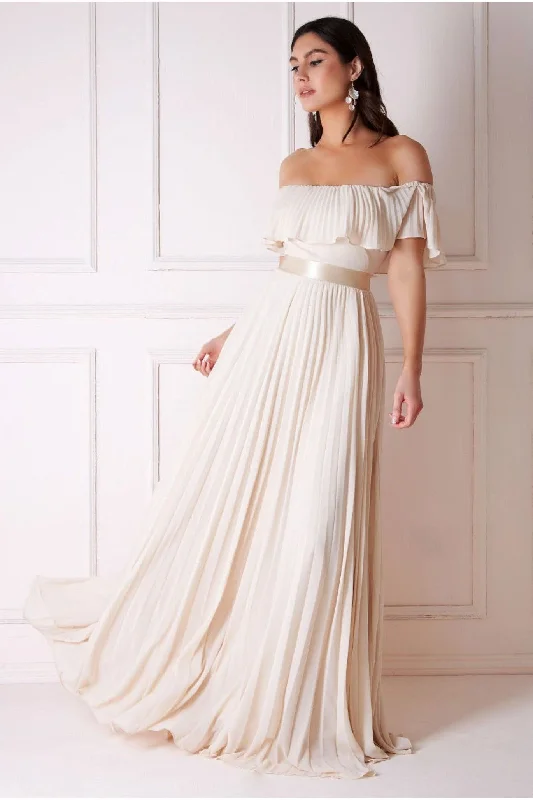 beautiful blue bridesmaid dresses for elegance-Pleated Chiffon Off Shoulder Maxi Dress - Ivory by Goddiva beautiful blue bridesmaid dresses for elegance-Pleated Chiffon Off Shoulder Maxi Dress - Ivory by Goddiva
