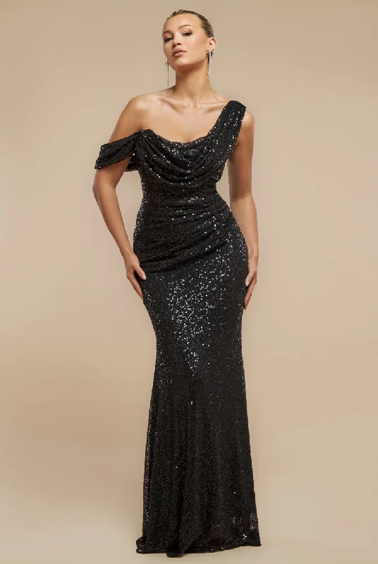 Bridesmaid dress metallic shades glam look -Sequin Cowl One Shoulder Maxi Dress - Black by Goddiva