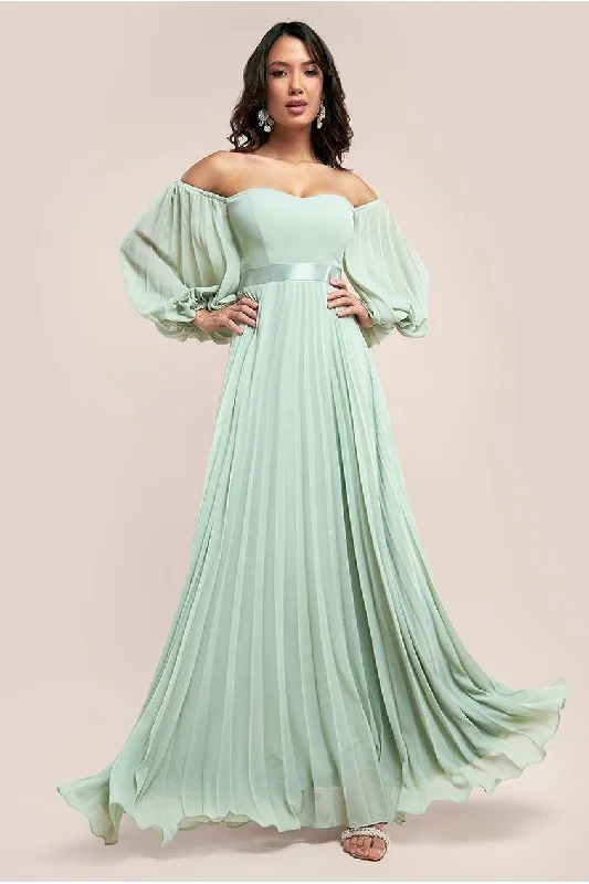 Dress for bridesmaid cocktail attire designs -Goddiva Bardot Chiffon Pleated Maxi - Sage Green Dress for bridesmaid cocktail attire designs -Goddiva Bardot Chiffon Pleated Maxi - Sage Green