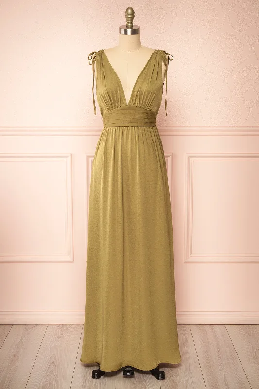 stunning bridesmaid dresses with sequins-​Cidra | Khaki Maxi Dress w/ V-Neck