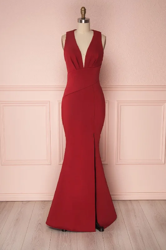 romantic bridesmaid dresses with floral details-​Camila Fire | Dark Red Mermaid Gown
