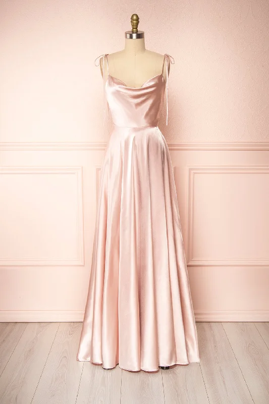 Bridesmaid dress metallic shades glam look -Moira Blush | Cowl Neck Satin Maxi Dress w/ High Slit Bridesmaid dress metallic shades glam look -Moira Blush | Cowl Neck Satin Maxi Dress w/ High Slit