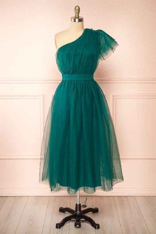 Bridesmaid dress machine washable fabric -Leillia | Green Tulle Midi Dress