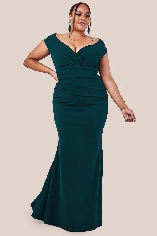 long bridesmaid dresses with sleeves-Bardot Pleated Maxi Dress - Emerald by Goddiva Plus long bridesmaid dresses with sleeves-Bardot Pleated Maxi Dress - Emerald by Goddiva Plus