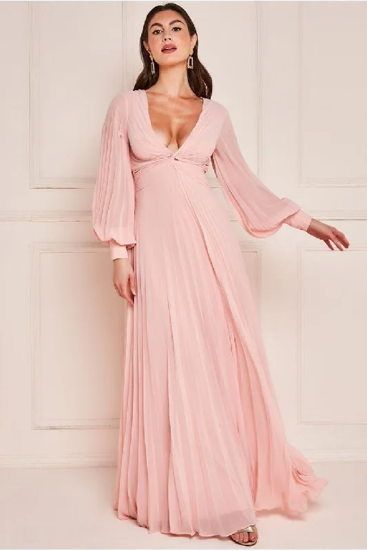Bridesmaid dress inverted triangle fit -Goddiva Pleated Skirt Chiffon Maxi - Blush