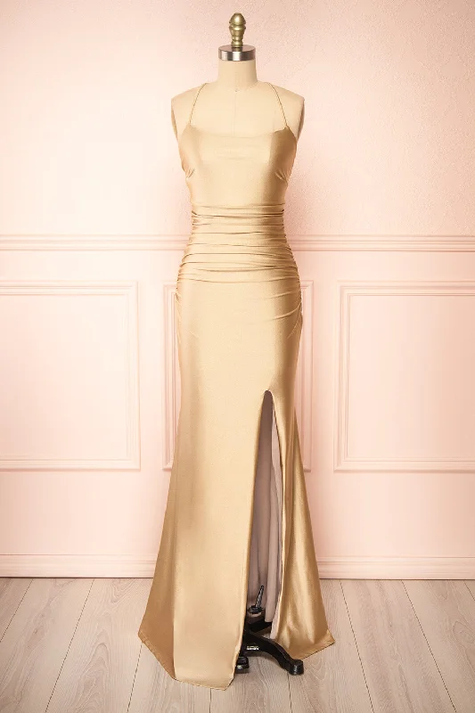 Dress for bridesmaid elegant styles now -Sonia Champagne | Mermaid Maxi Dress w/ Slit Dress for bridesmaid elegant styles now -Sonia Champagne | Mermaid Maxi Dress w/ Slit
