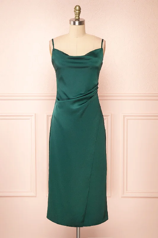 Dress for a beach wedding bridesmaid -Chloe Green | Satin Cowl Neck Midi Dress