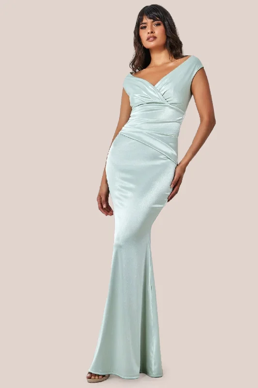 Bridesmaid dress: the perfect fit for event -Goddiva Satin Off The Shoulder Maxi Dress - Sage Green Bridesmaid dress: the perfect fit for event -Goddiva Satin Off The Shoulder Maxi Dress - Sage Green