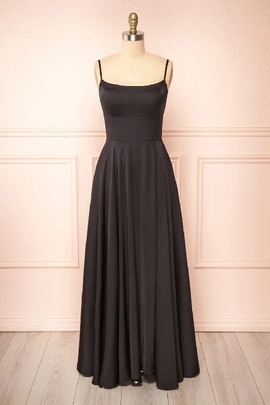 modern bridesmaid dresses for 2023 trends-​Darcy Black | Maxi Satin Dress w/ Slit