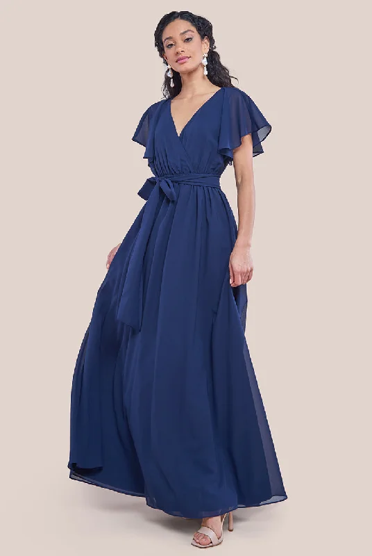 glam bridesmaid dresses with lace details-Goddiva Sustainable Chiffon Flutter Sleeve Wrap Maxi Dress - Navy glam bridesmaid dresses with lace details-Goddiva Sustainable Chiffon Flutter Sleeve Wrap Maxi Dress - Navy