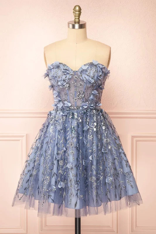 Bridesmaid dress with wide brim hat looks -Eudora | Short Sparkly Blue Dress w/ Floral Appliqués Bridesmaid dress with wide brim hat looks -Eudora | Short Sparkly Blue Dress w/ Floral Appliqués