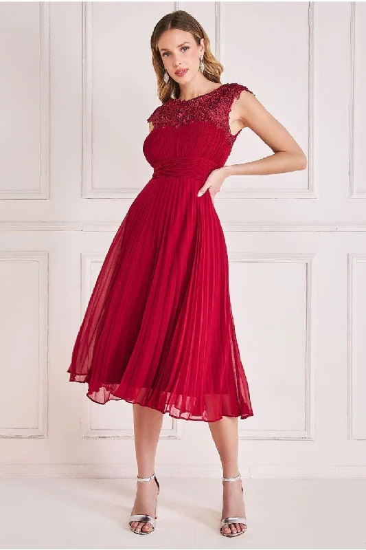 long sleeve bridesmaid dresses for winter-Goddiva Crochet & Pleated Top Midi - Burgundy long sleeve bridesmaid dresses for winter-Goddiva Crochet & Pleated Top Midi - Burgundy
