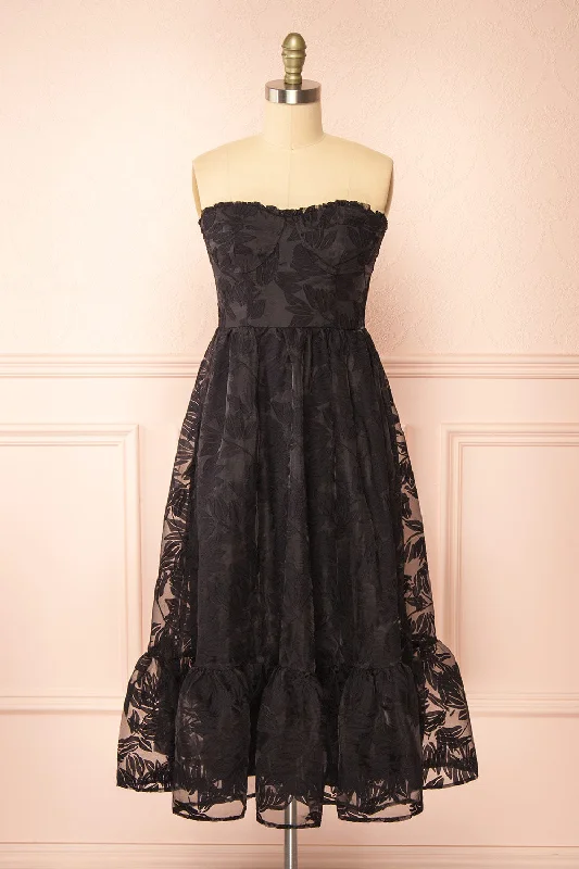 Bridesmaid dress earth tones natural looks -Arhea | Black Bustier Floral Midi Dress Bridesmaid dress earth tones natural looks -Arhea | Black Bustier Floral Midi Dress