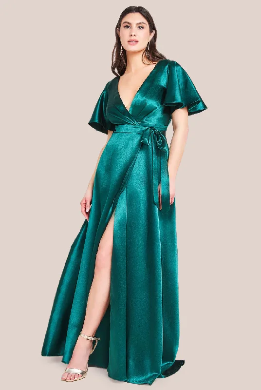 Bridesmaid dress enhances confidence well -Goddiva Flutter Sleeve Wrapover Satin Maxi Dress - Emerald Green Bridesmaid dress enhances confidence well -Goddiva Flutter Sleeve Wrapover Satin Maxi Dress - Emerald Green