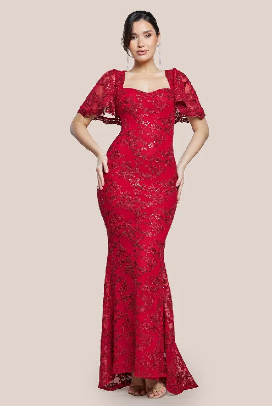 Bridesmaid dress for older women style -Goddiva Scalloped Cape Open Back Lace & Sequin Maxi Dress - Red Bridesmaid dress for older women style -Goddiva Scalloped Cape Open Back Lace & Sequin Maxi Dress - Red