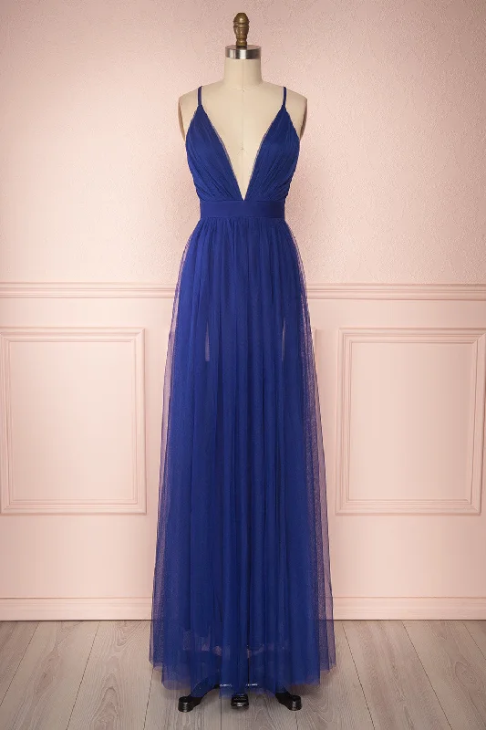 Dress for bridesmaid semi-formal events wear -Aliki Navy | Mesh Maxi Dress