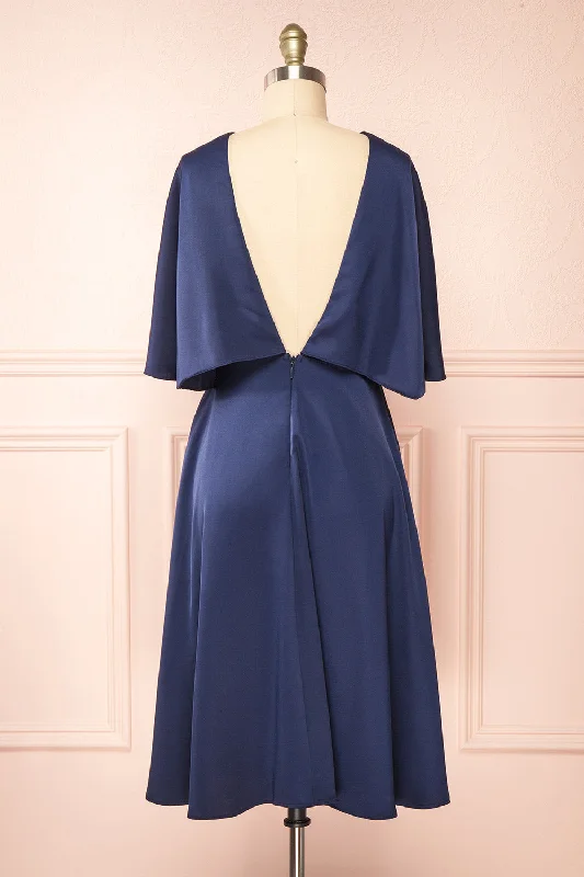 Bridesmaid dress outdoor wedding style -Tordis Navy | Satin Midi Dress w/ Bell Sleeves Bridesmaid dress outdoor wedding style -Tordis Navy | Satin Midi Dress w/ Bell Sleeves