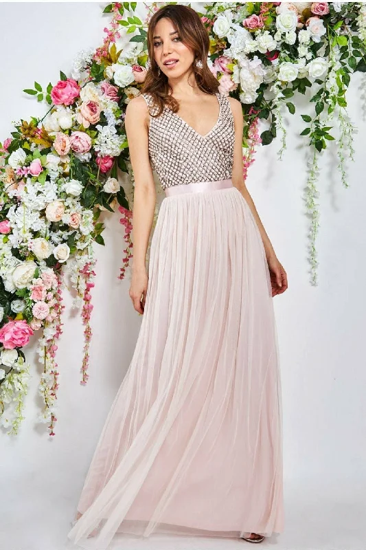 bridesmaid dresses with floral patterns-Goddiva Sequin Bodice Pleated Maxi Dress - Blush bridesmaid dresses with floral patterns-Goddiva Sequin Bodice Pleated Maxi Dress - Blush